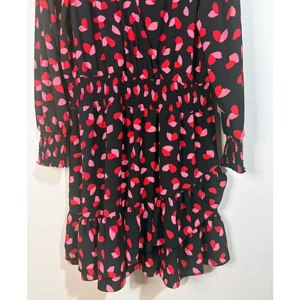 Michael Kors Red‎ Pink Black Long Sleeve Petal Crepe Wrap Ruffle Dress Size XL